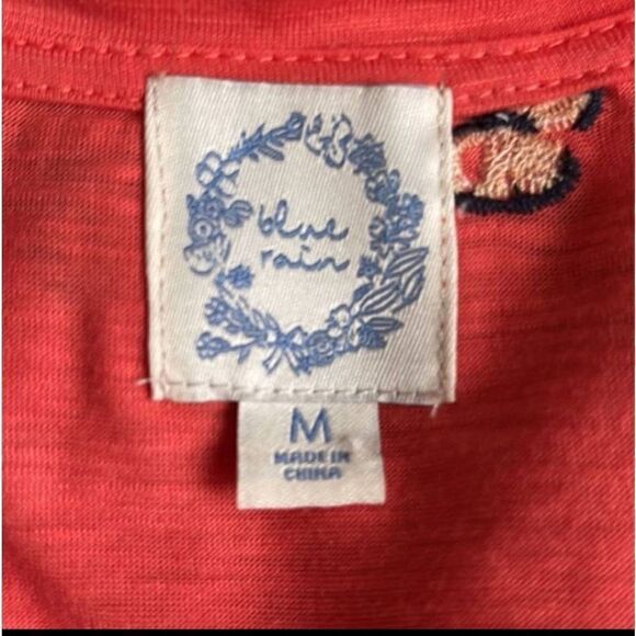 Blue Rain  coral embroidered butterfly floral v neck babydoll medium top - Picture 3 of 4